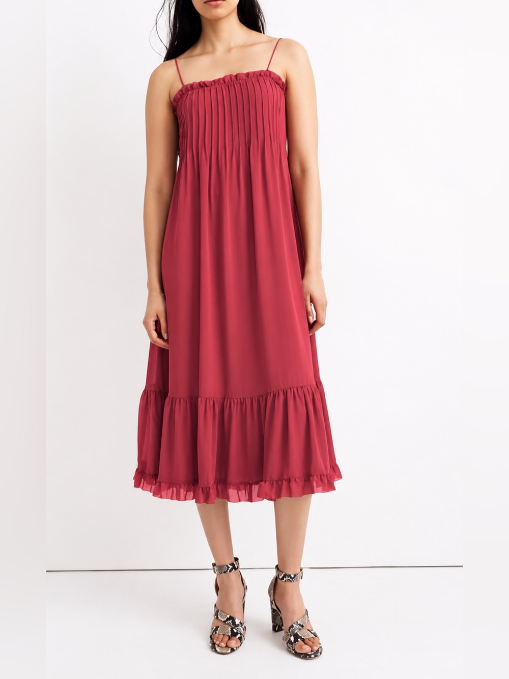 Madewell Cami A-Line Midi Dress Red Pleated Ruffle Hem Womens Size 6